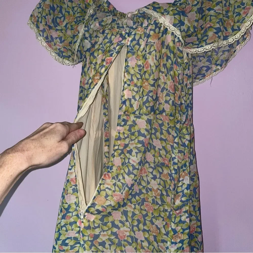 Camela of California S Maxi Dress 70s Ball Gown Blue Ditsy Floral Ruffle Boho - Picture 9 of 10